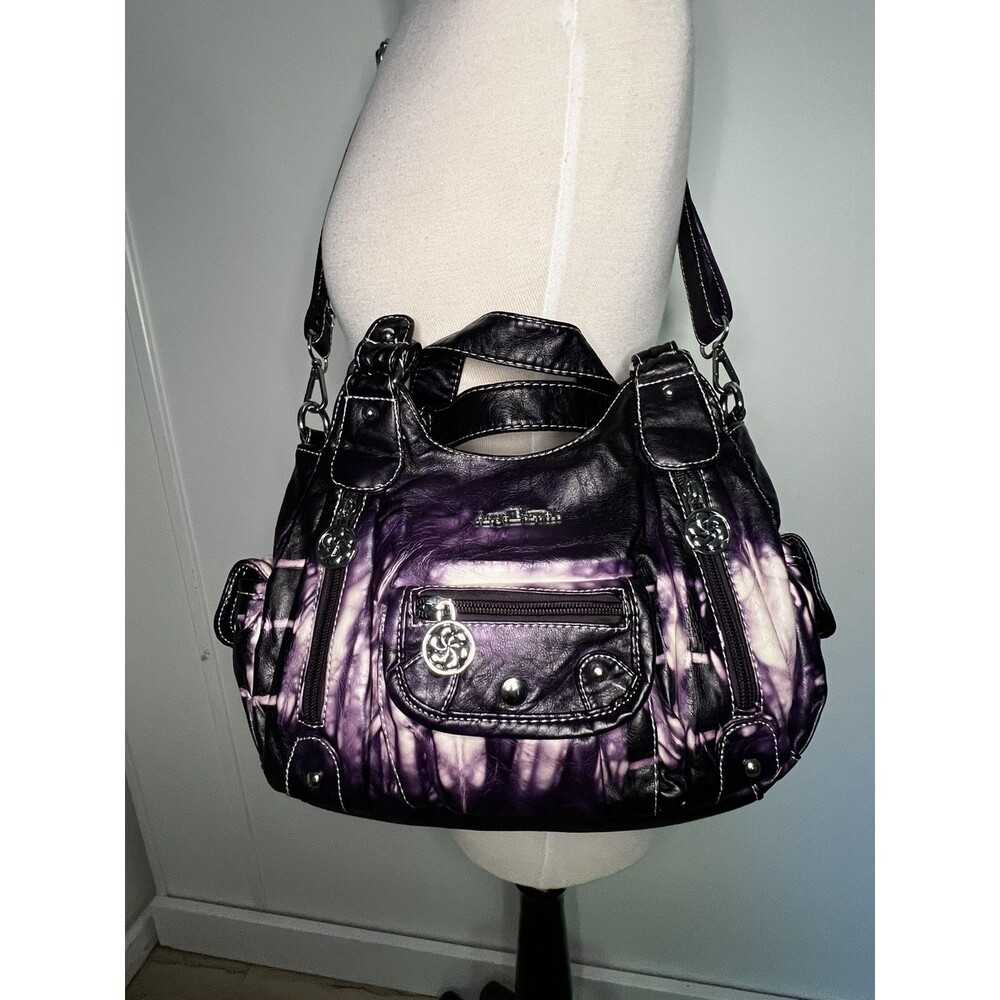 Angel Kiss Purple Black Tie Dye Shoulder Bag Zip Silver Hardware Large Pockets